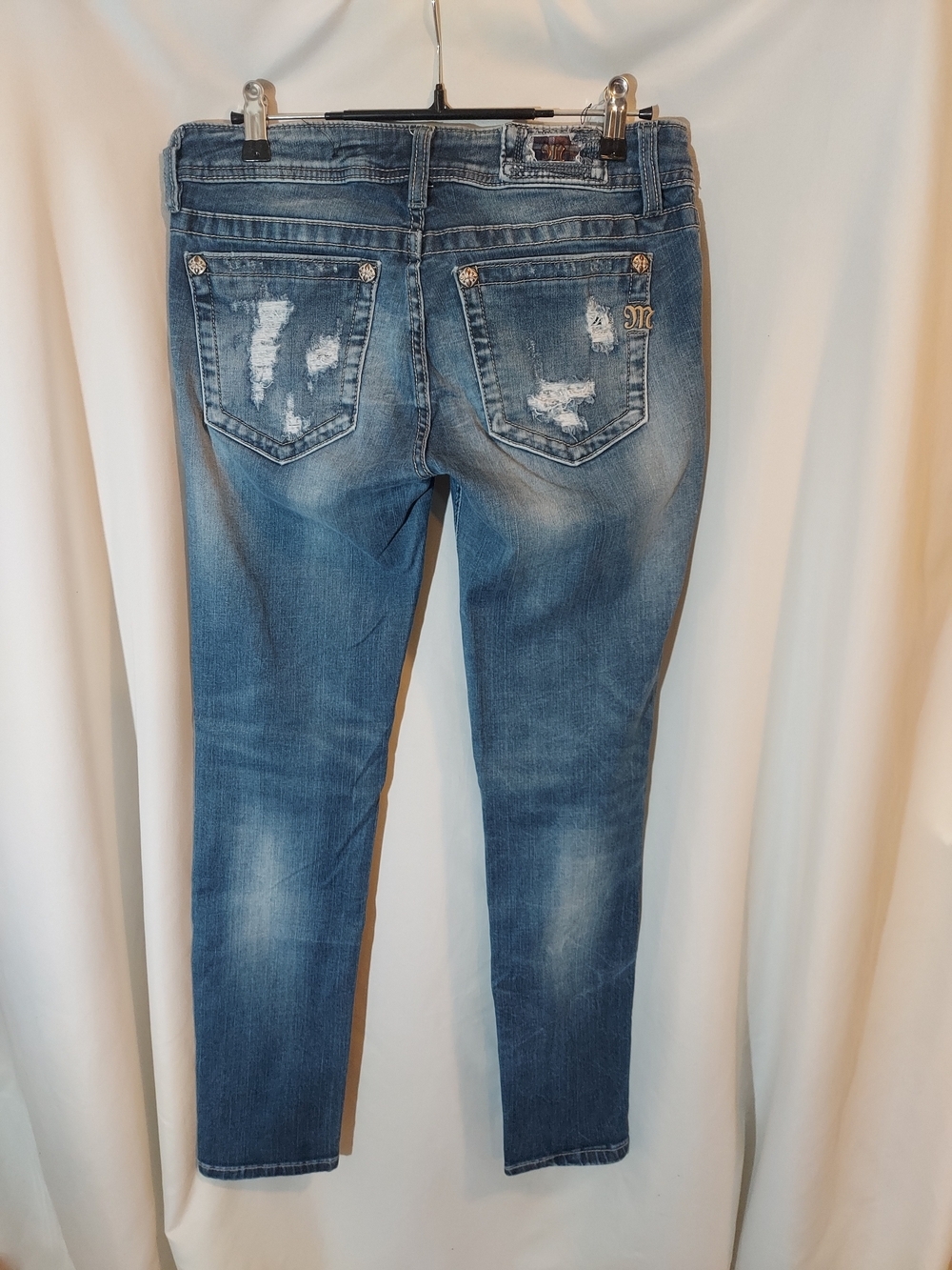 Miss Me Distressed Mid Rise Skinny Jeans With Flannel Accents - 28